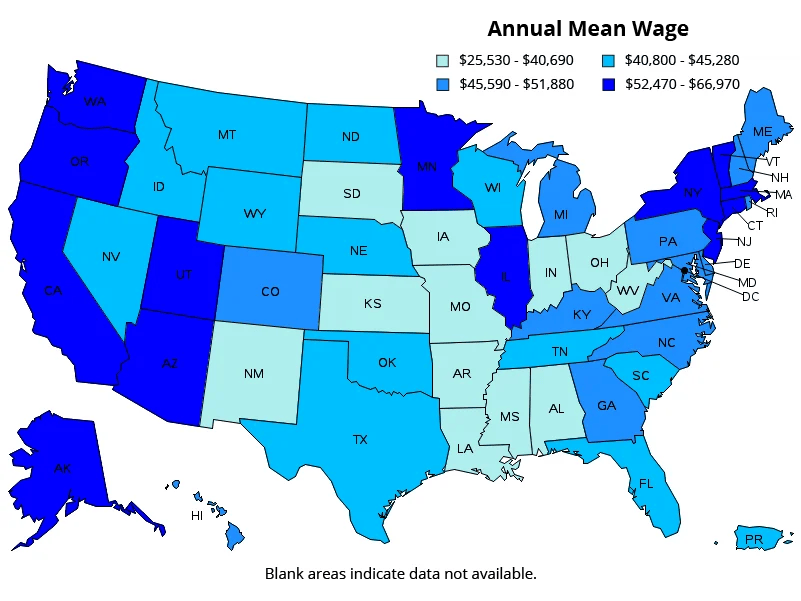 An outine of the United States, showing the annual mean wage per state across the nation.