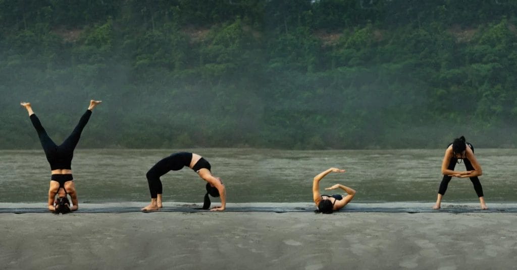 Team of woman spelling out the word Y O G A with their yoga poses in front of a lake and forest background
