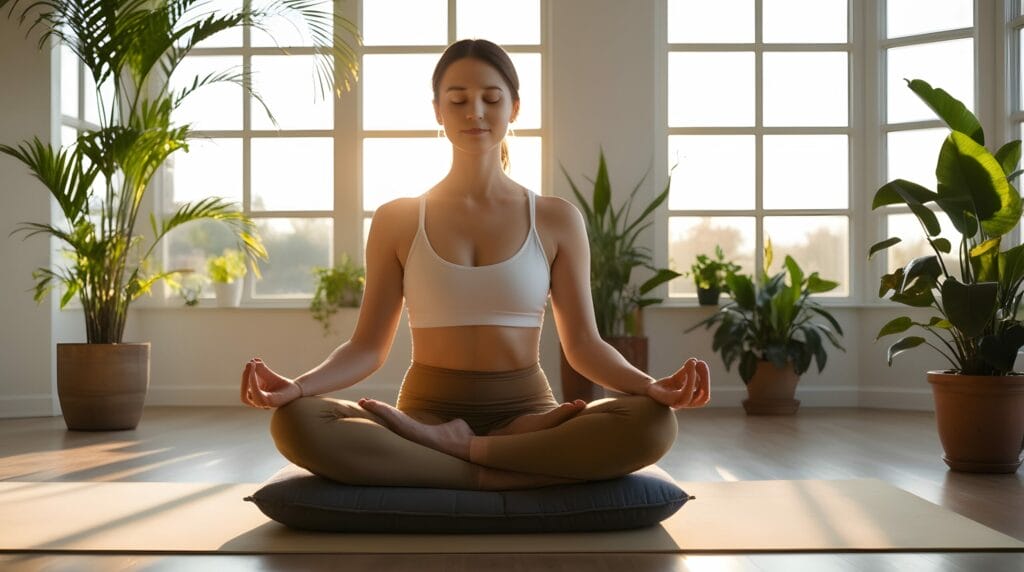 Woman sitting center frame on her pillow and yoga mat in a meditative pose with eyes closed and sunshine streaming through her window making her house plants glow