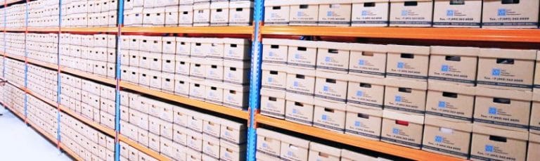 storage shelves filled with boxes