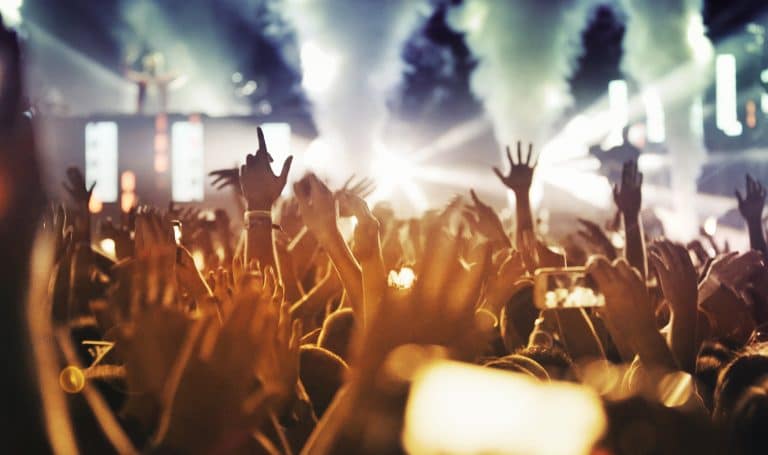 people at a concert raising their hands in the crowd