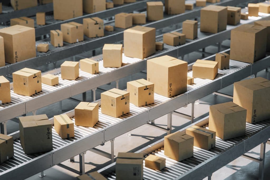 Products in boxes are transported on conveyer belts