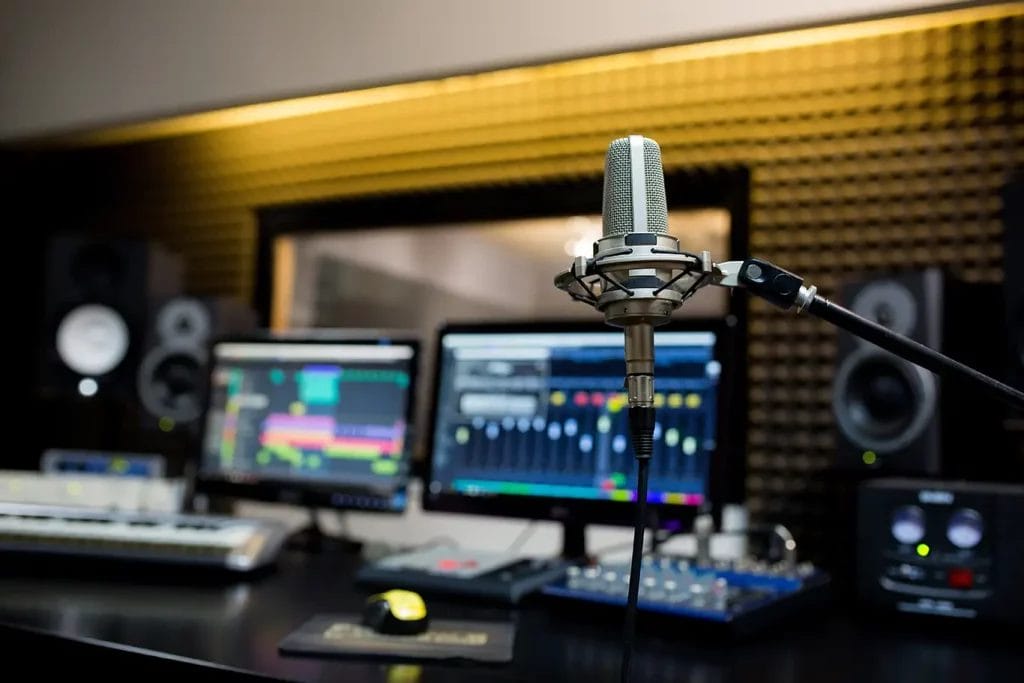 Recording studio with a microphone in the foreground and an out of focus background featuring a series of monitors, keyboards, and yellow lights.