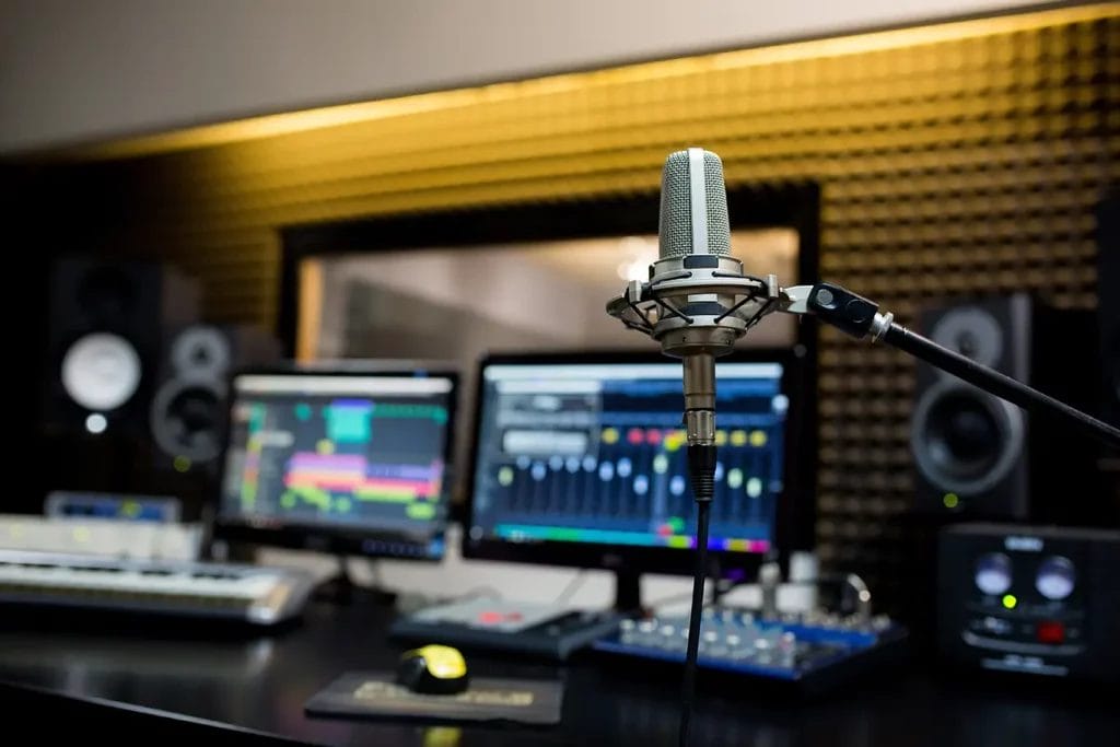 Recording studio with a microphone in the foreground and an out of focus background featuring a series of monitors, keyboards, and yellow lights.