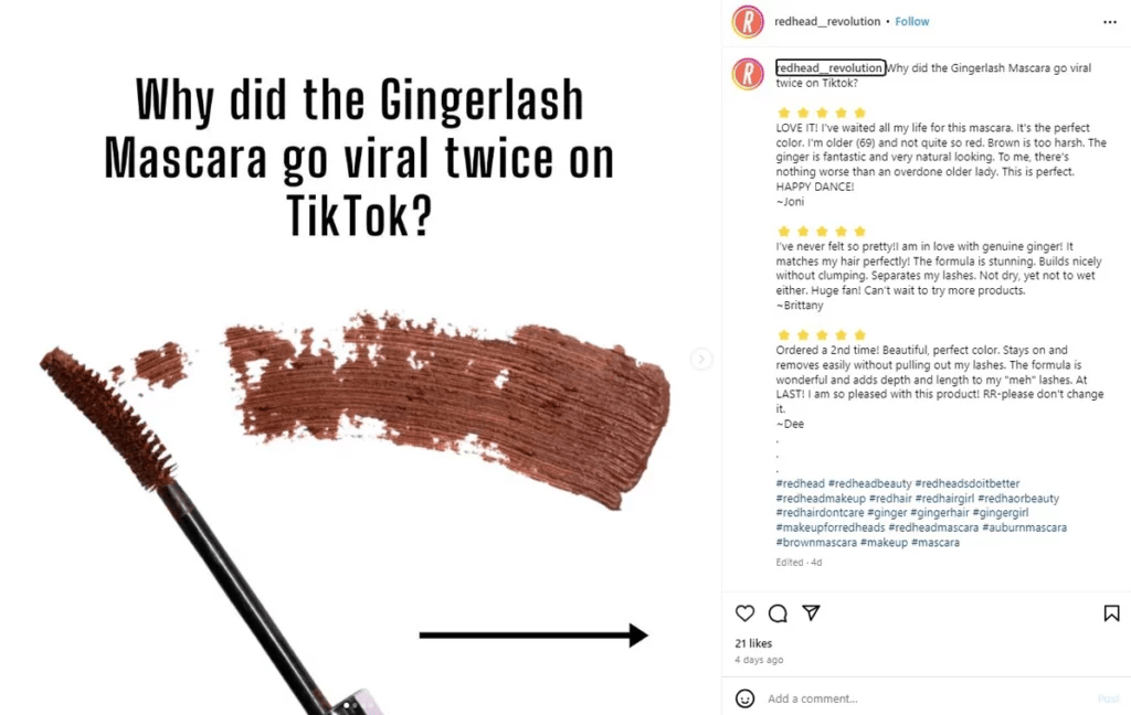 Redhead Revolution Instagram post discussing viral mascara