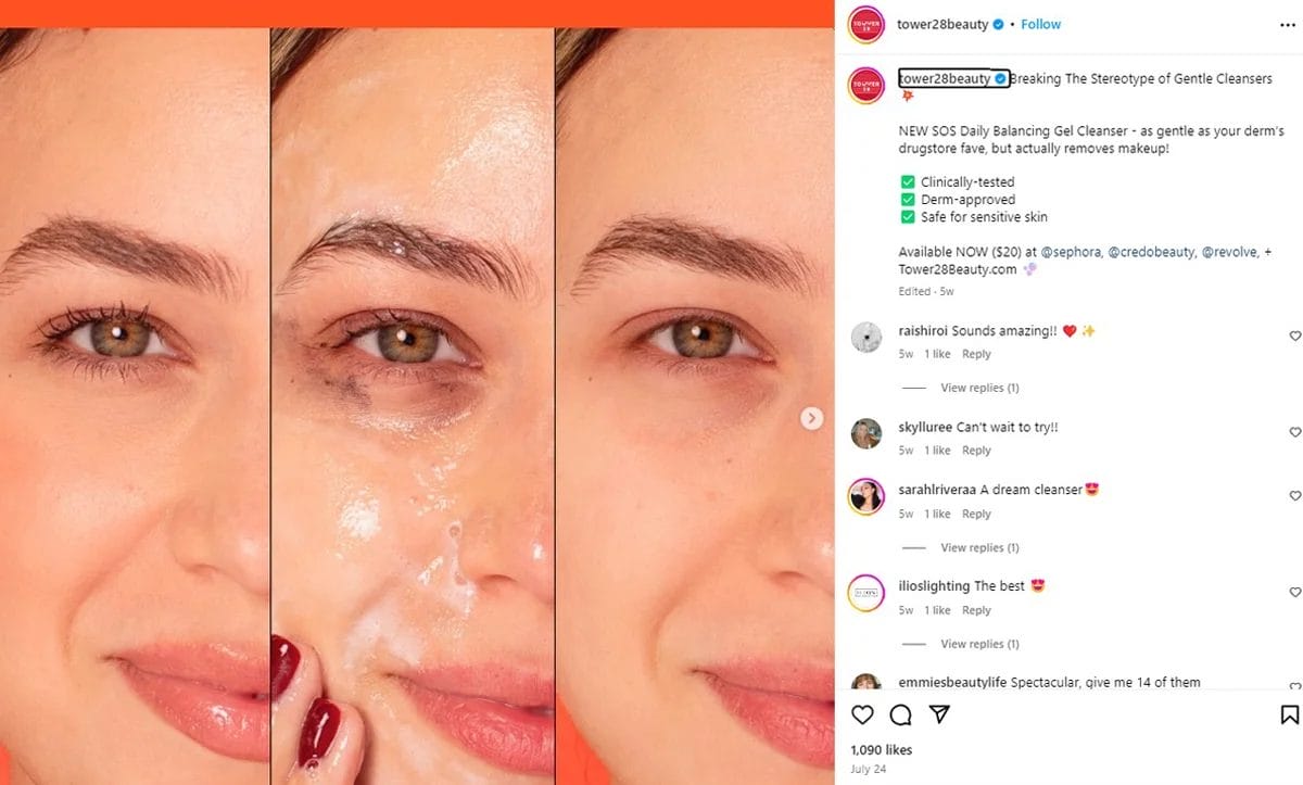 Tower 28 Beauty instagram post discussing stereotypes of gentle cleansers.