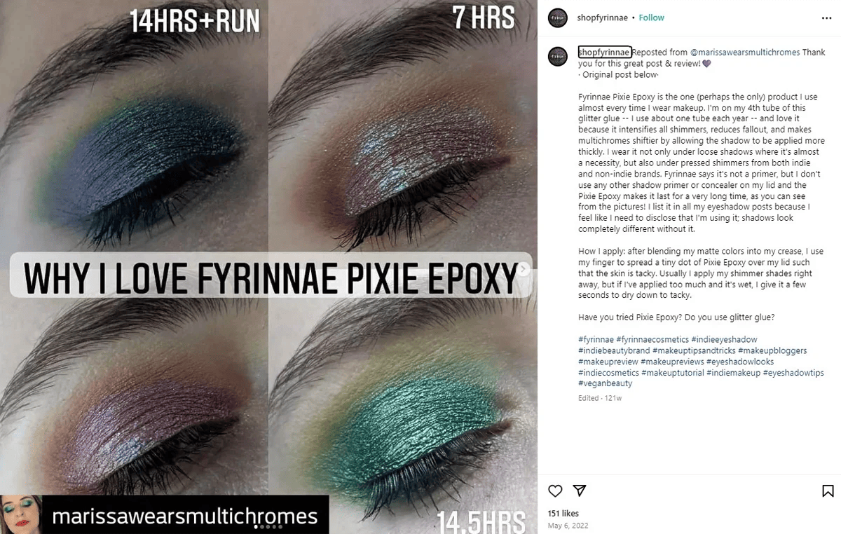 Fyrinnae instagram post discussing Pixie Epoxy eyeshadow.