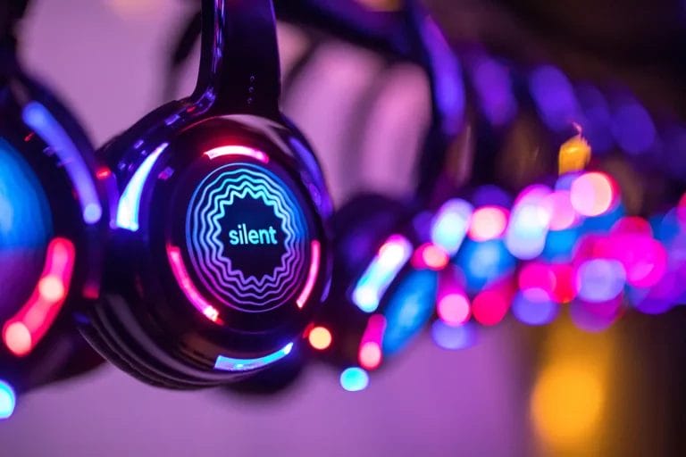 Up close array of lit headphones for a silent disco party.