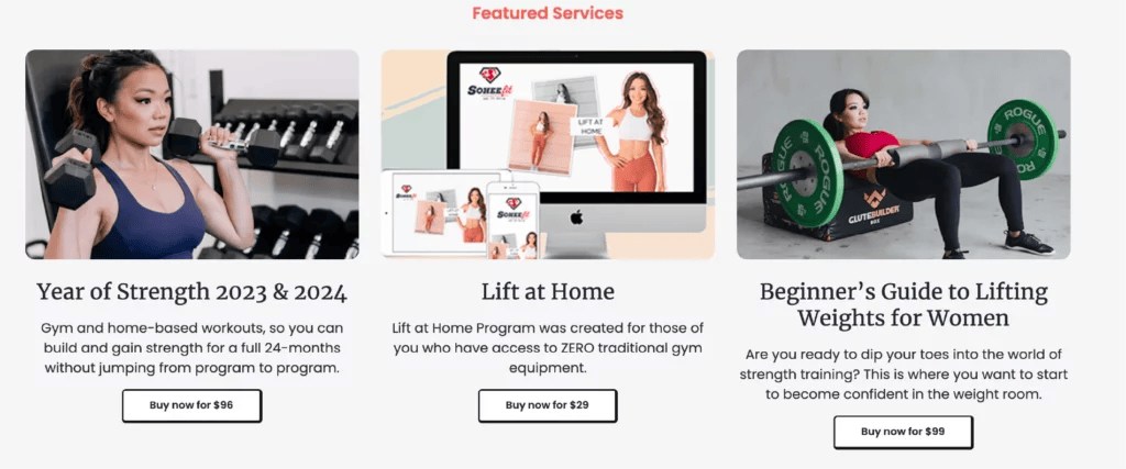 Screenshot of SoheeFit website showing three workout programs and their prices, with images of trainer Sohee performing different exercises.