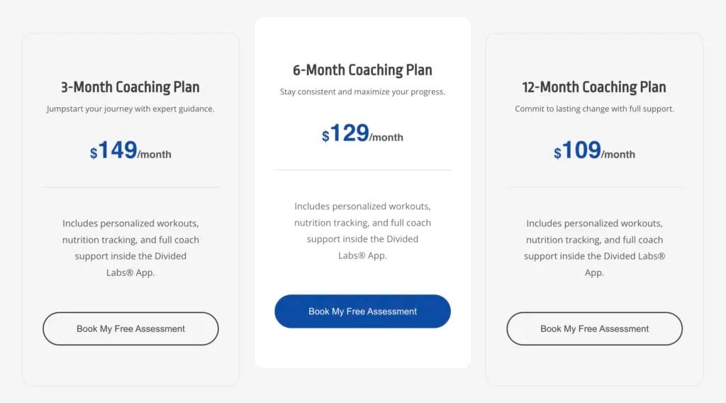 A screenshot of a menu of online coaching plans, including a three-, six-, and 12-month option, each with descriptions of plan features and buttons to book in a soft gray, white, and navy color scheme.