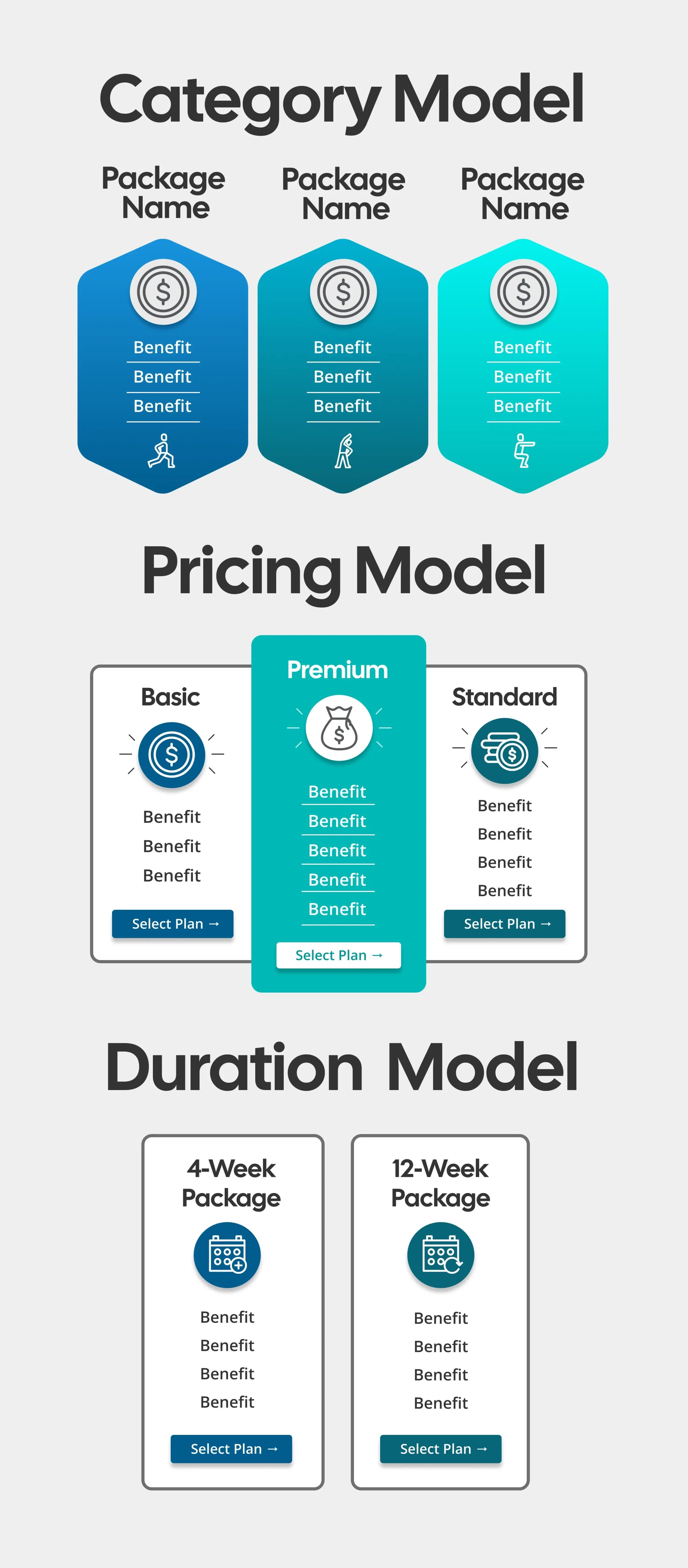 Category, Pricing, and Durations Training Package models infographic