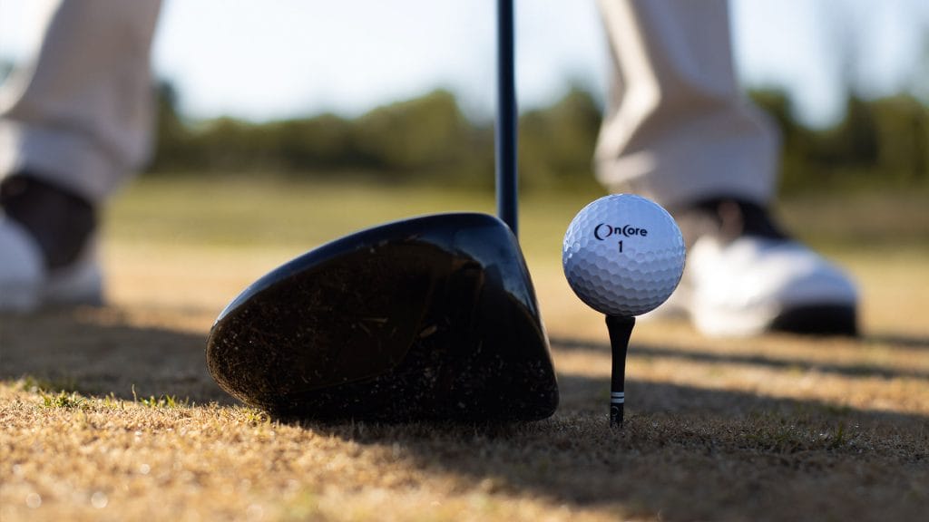a golf instructor prepares to hit a tee.