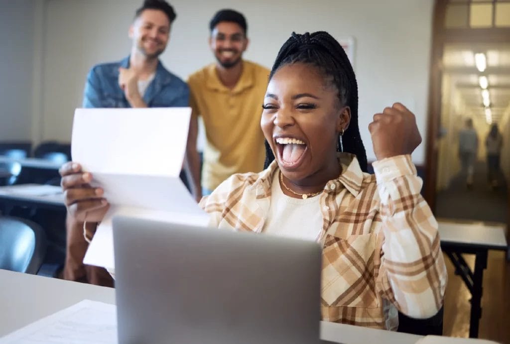 Student celebrating test score