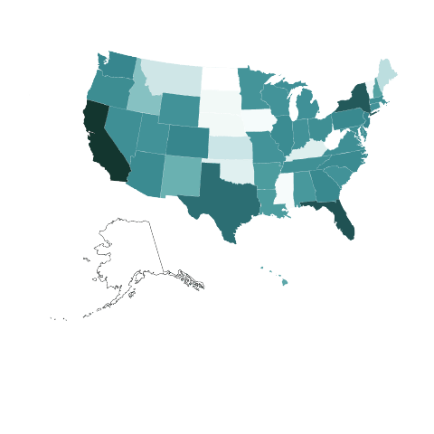 A heatmap of the United States by Product Liability policy owners.