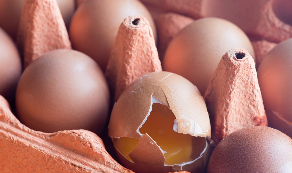 A broken egg in a cartoon could lead to contamination and illnesses that may be protected with food manufacturing liability insurance.