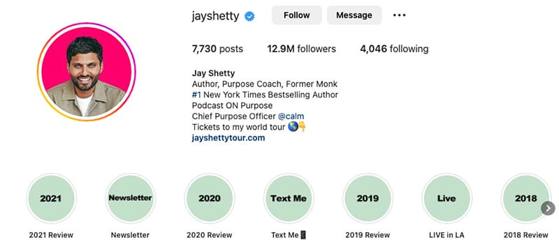 A screenshot of Jay Shetty's Instagram profile who is a popular life coach on social media.