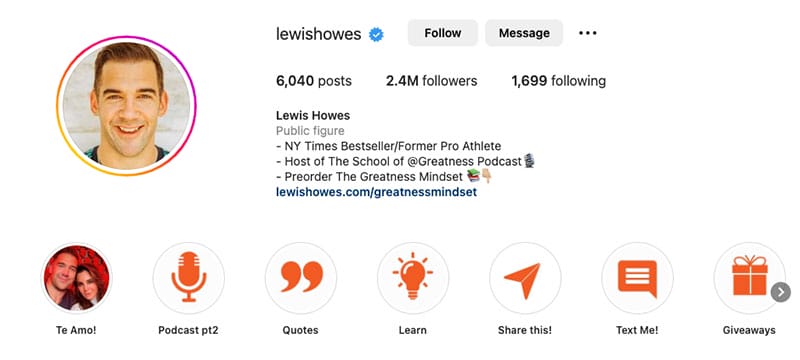 A screenshot of Lewis Howes Instagram profile page who is a popular life coach on social media.