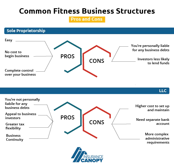 Pros and cons of different Business Structures. A sole Proprietorship is easier and cheaper to set up but comes with more liability. LLCs are more expensive up front, however are more credible for larger organizations