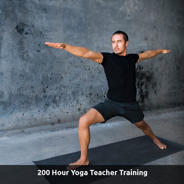 A man practices basic yoga poses. Text Reads: 200 Hour Yoga Teacher Training.