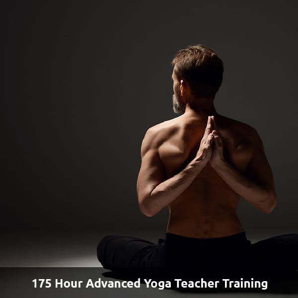 A Yoga Teacher poses with his hands deep behind his back. Text Reads: 175 Hour Advanced Yoga Teacher Training.