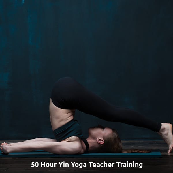 A Yoga does snail pose. Text Reads: 50 Hour Yin Yoga Teacher Training