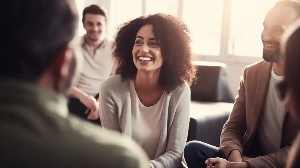 Woman sitting confidently in a life coaching session.