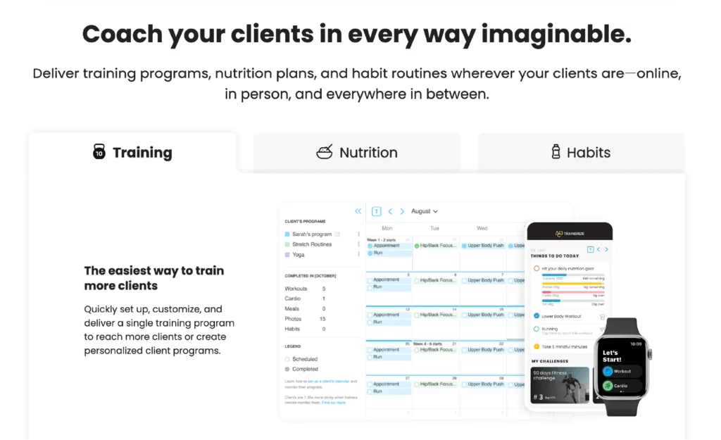 Screenshot of ABC Trainerize app habit and workout tracking features.