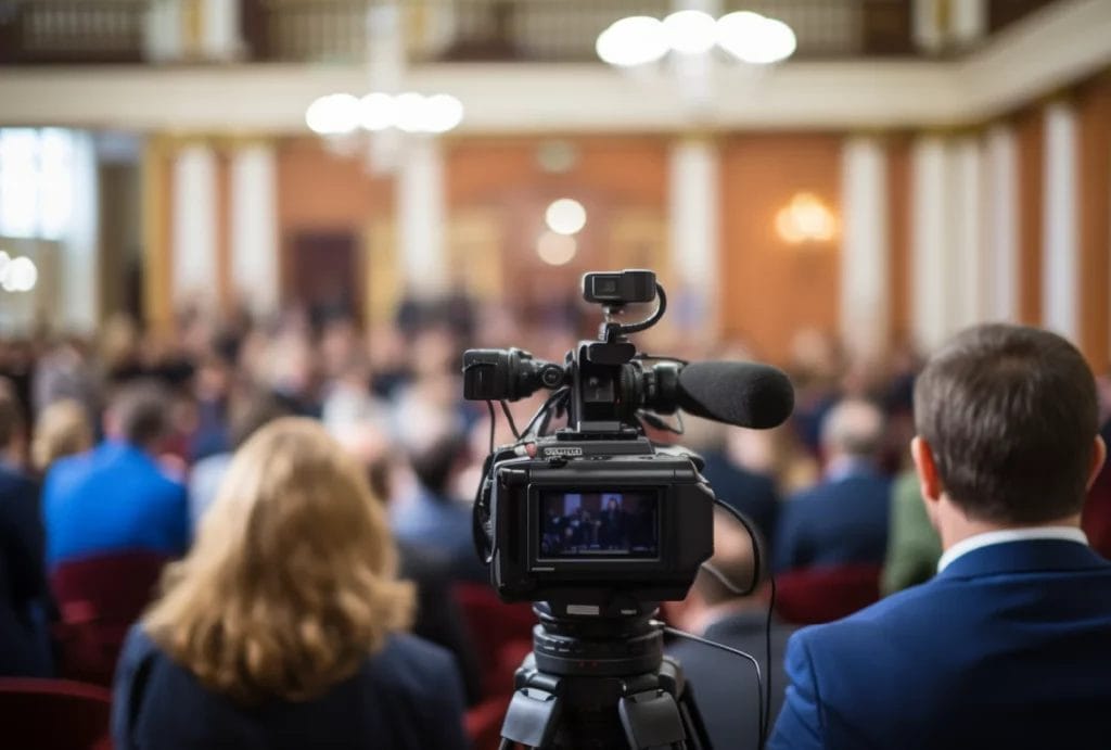 Blurry courtroom scene from a reporter's perspective behind a camera