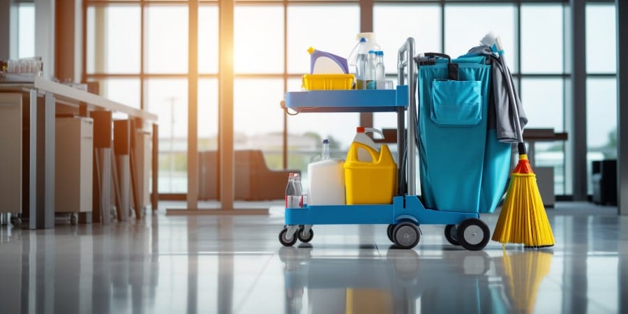 janitor's supply cart sitting in an open room