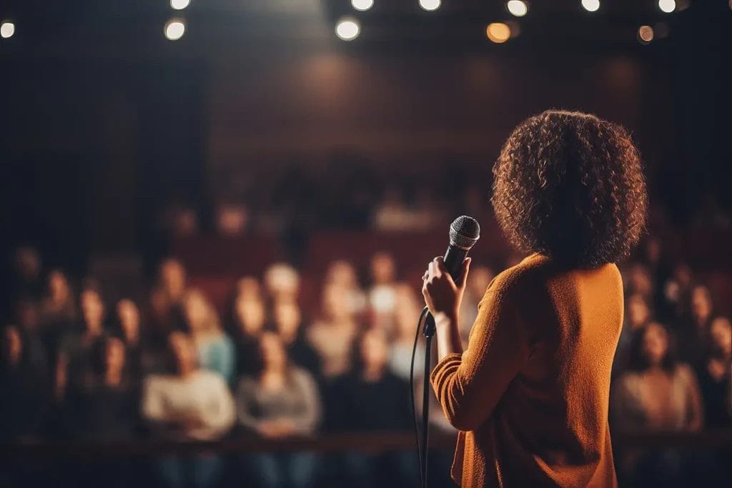 A woman in an orange sweater performs on stage in front of a small audience.