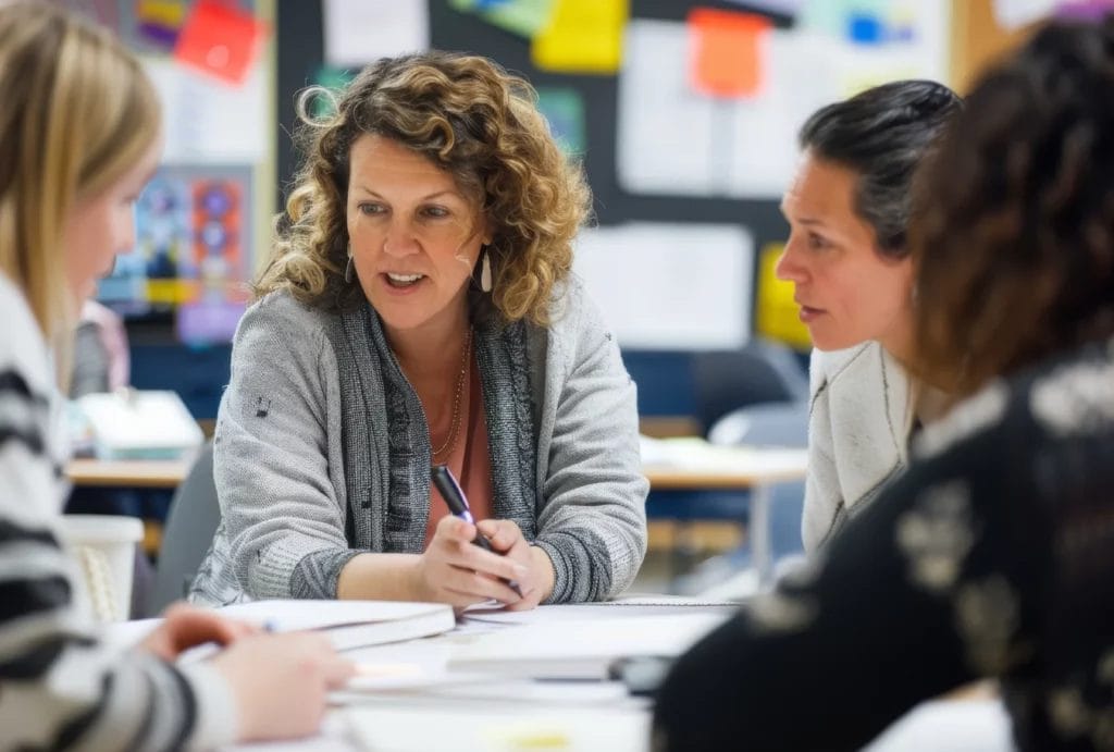 Teachers and parents engaging in an educational or PTA meeting at a school