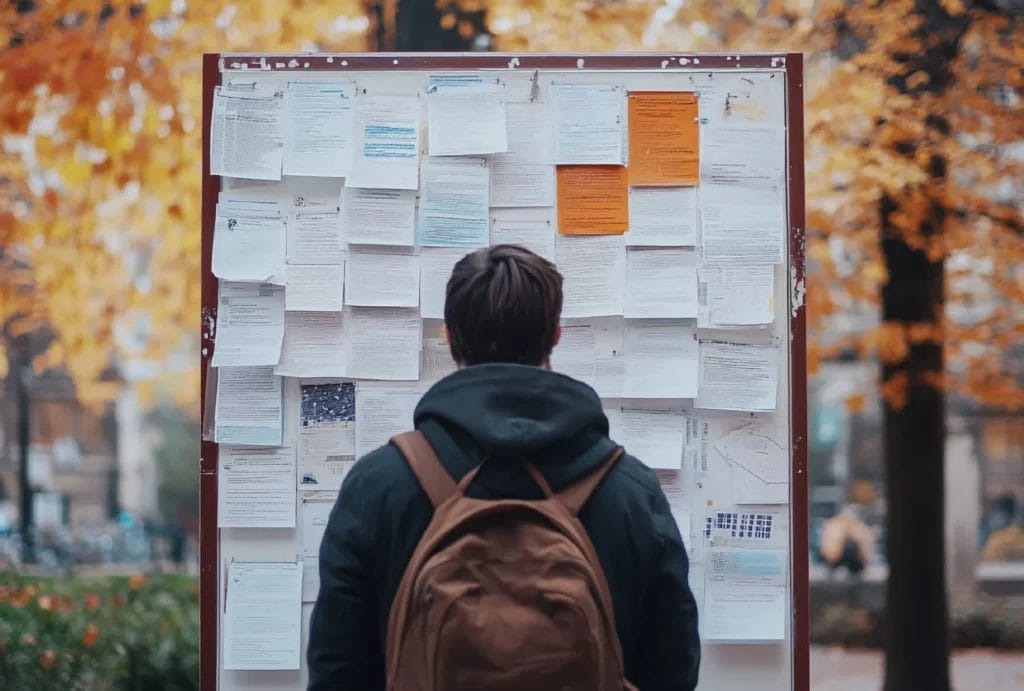 Student looks at flyers on college campus bulletin board.