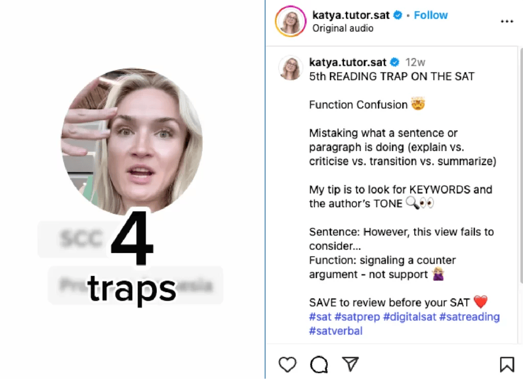 Screenshot of four SAT traps reel from tutor Katya Seberson's Instagram account