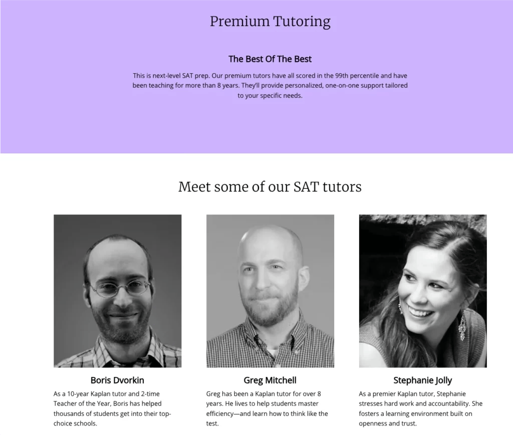 Screenshot from Kaplan SAT Private Tutoring landing page advertising three top tutors