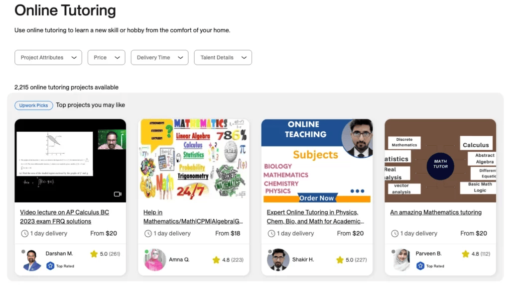 Screenshot of Upwork online tutoring landing page, showcasing four tutor profiles