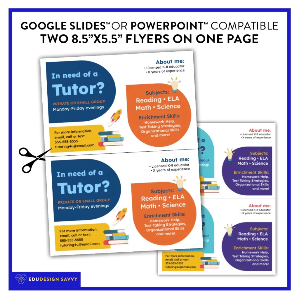 EduDesign Savy flyer advertising google slides or powerpoint compatible flyers that can be downloaded and printed for tutors who are looking to market their services.