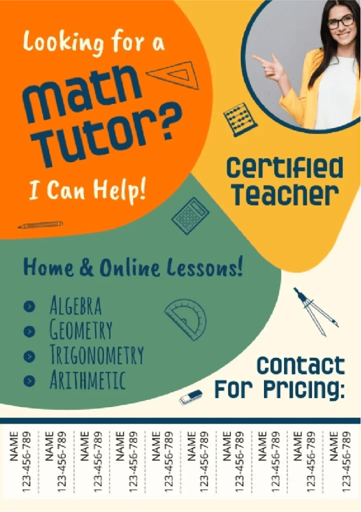 Tutor flyer template that says "Looking for a math tutor? I can help!"