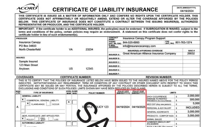 An ACORD certificate of insurance sample with the effective date (POLICY EFF) and the expiration date (POLICY EXP) highlighted in yellow with a blue arrow pointing to it.