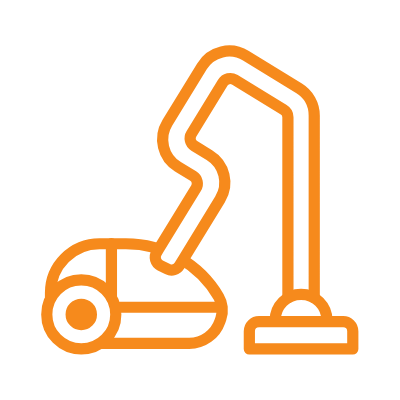 Simple orange line illustration of a vacuum cleaner, depicting a cleaning tool in use.