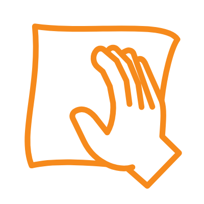 Simple orange line illustration of a hand wiping a surface with a cloth, representing cleaning