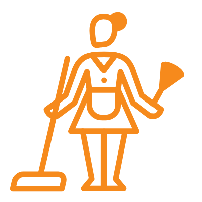 Simple orange line illustration of a person in a cleaning uniform holding a broom in one hand and a duster in the other.