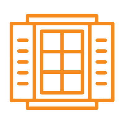 Simple orange line illustration of a window with shutters, featuring a grid design in the center and horizontal lines on the shutters."