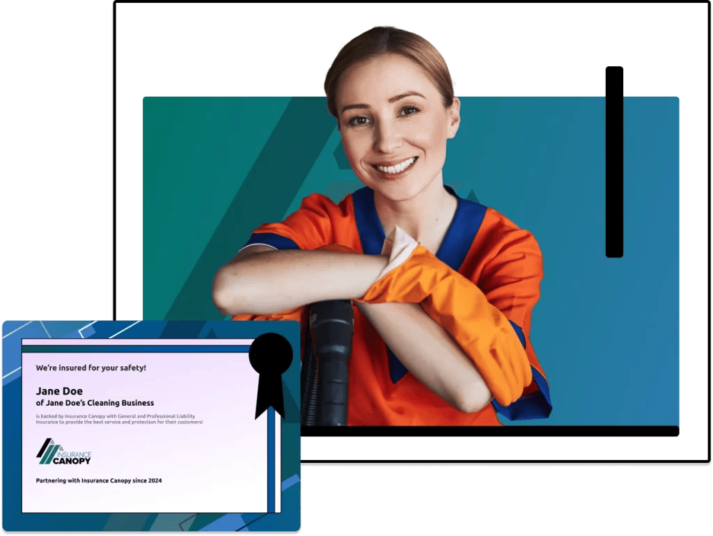 A smiling woman wearing a cleaning uniform and orange gloves, leaning on a vacuum cleaner in a professional portrait. In the bottom-left corner, there is a certificate featuring the name 'Jane Doe of Jane Doe’s Cleaning Business,' showcasing insurance coverage provided by Insurance Canopy.