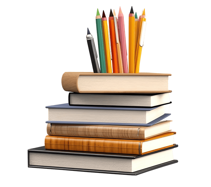 A variety of stacked books and colored pencils
