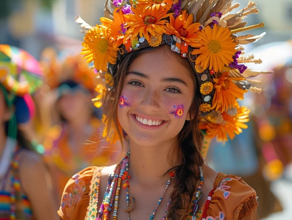 A girl at a festival smiling with flowers in her hair.