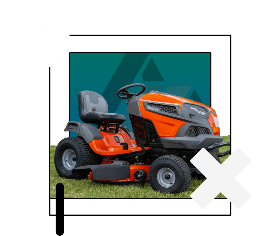 An image of a tractor lawn mower with a question mark and "X" icon to represent "What’s Not Included in Insurance for Lawn Care Companies?"