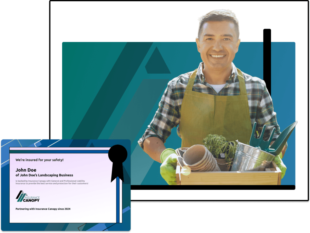 A landscaper happily carries his tools. In the bottom left corner is an image of fake Certificate of Insurance for a landscaping business.