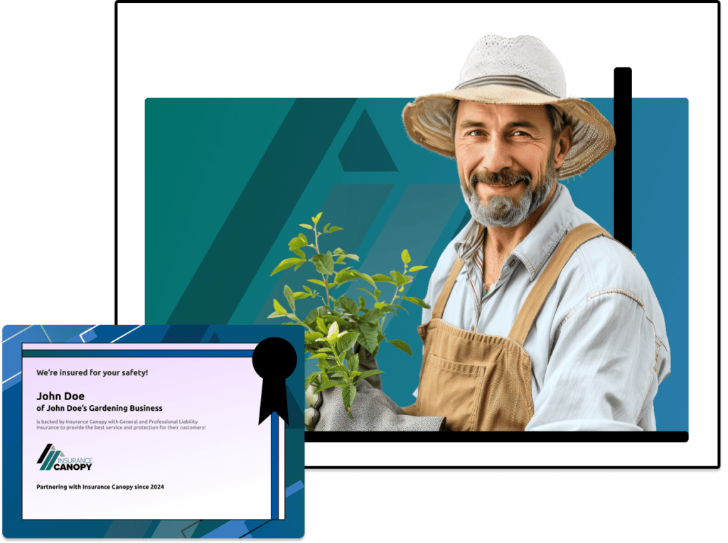 Image of a gardener overlayed by certificate of insurance