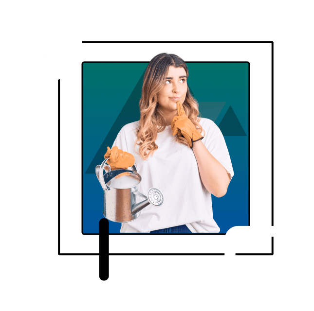 Woman farmer thinking with question mark and computer overly