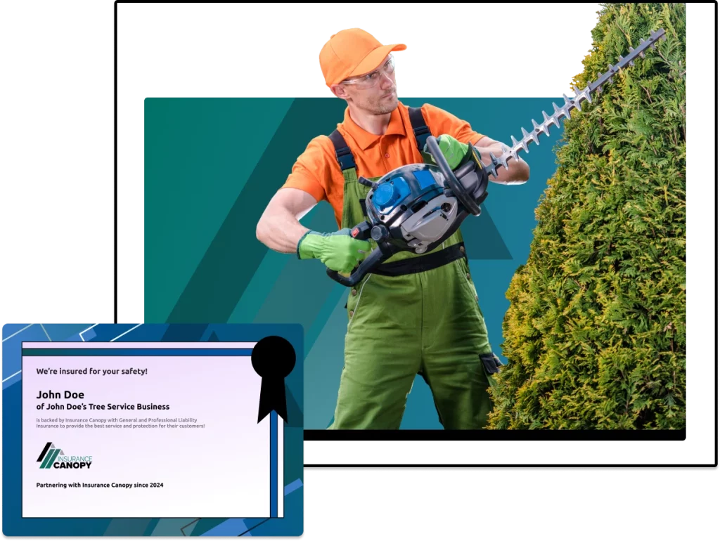 Image of man trimming tree with certificate overlay